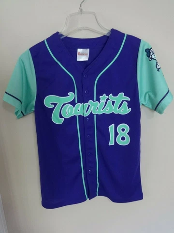 2018 MiLB Asheville Tourists SGA Button Front Baseball Jersey Y-M Teal & Purple Cover