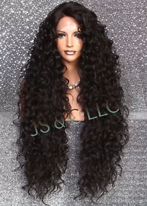 Human Hair Blend Full Lace Front wig Long Curly Wig Darkest Brown Heat OK DOM 2 - Picture 1 of 9