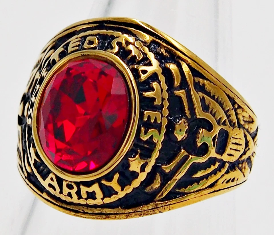 Anillo Hombre Rojo Rubí Simulado Acero Inoxidable Oro EE. UU. Águila Militar Nuevo TALLA 10 Foto 1 de 1