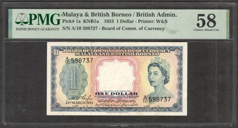 Malaya & British Borneo Malaysia 1 Dollar QE II P-1a 1953 PMG 58 Ch aUNC Cover