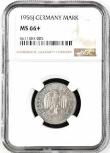 1956 J Germany 1 Mark, NGC 66+, KM-110, Single Finest @ PCGS, Superb - Picture 1 of 2