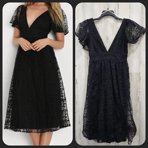 Abito midi LULUS elegante approccio nero ricamato manica svasata taglia SMALL - Foto 1 di 11