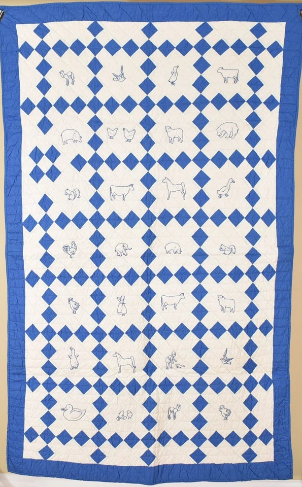 30's Vintage Blue & White Nine Patch Antique Crib Quilt ~Background Animals! - Image 1 of 4