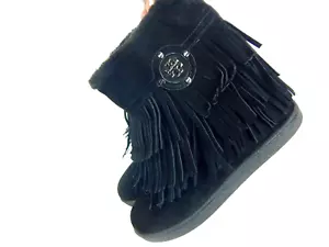 Tory Burch Huntington Boots Black Leather Fringe Fur Lined Size 9 #111395 - Picture 1 of 13