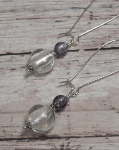 Foil Glass Puffed Disk Round Pierced Earrings Handmade Purple Silver New - Picture 1 of 3