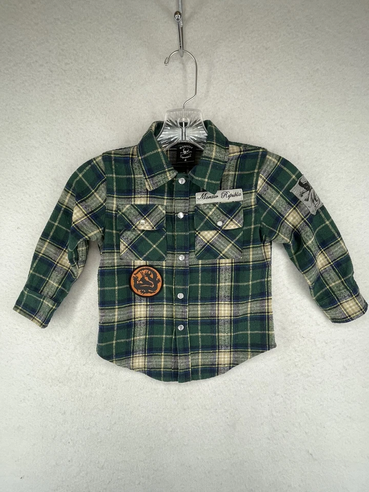 MONSTER REPUBLIC BOYS SHIRT GREEN PLAID YOUTH SZ 4 COTTON FLANNEL PEARL SNAP UP  - Image 1 of 4