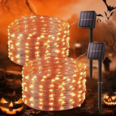 BEEWIN 2 Pack Orange Solar Halloween Lights, 33ft 100 LED Solar Fairy Lights Outdoor
