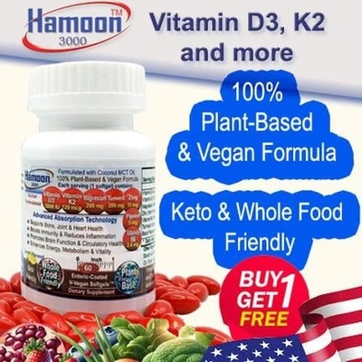 Fórmula 100% à base de plantas Hamoon 3000™ Vitamina D3 + K2 - Compre 1 e ganhe 1 grátis - Imagem 1 de 4