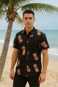 Matix Herren Button Down Hemd Small Schwarz Kurzarm Hawaii Ananas Print - Bild 1 von 14