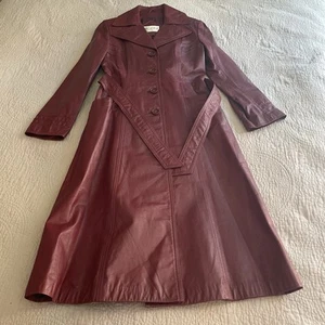 Le Soleil Womens Leather Trench Coat Jacket Burgundy Red Size 7/8 Vintage 70/80s - Picture 1 of 9