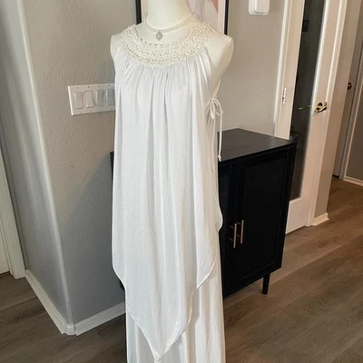 Vintage 1970s white sequin neckline goddess maxi dress romantic bridal flowy - Image 1 of 4