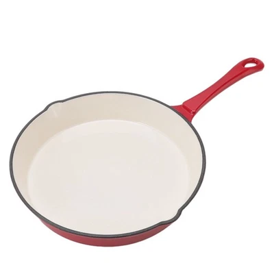 Emaillierte Pfanne Aus Gusseisen Einteilig Langer Griff Rot 25cm Durchmesser DO - Bild 1 von 4