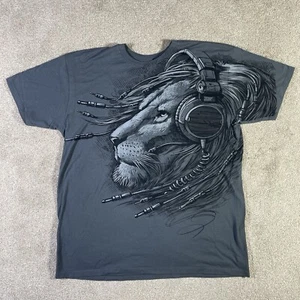 Liquid Blue Lion T-Shirt Mens XL Gray Headphones Animal Print Grey Graphic Tee - Picture 1 of 6