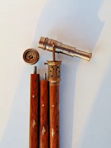 Brass Telescope Compass On Top Head Handle Wooden Walking Stick Cane Hidden Gift - Picture 1 of 9