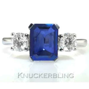 Sapphire and Diamond Trilogy Ring in 18ct White Gold: 2ct Vibrant Blue Sapphire - Picture 1 of 4