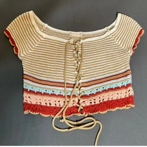 Altard State Gr. Small Häkel Crop Pullover Oberteil vorne zum Binden beige rostrosa blau  - Bild 1 von 5