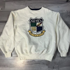 Vintage 90s Nautica Crest Logo Crewneck Sweater White Cream Preppy Men's Size M - Picture 1 of 12
