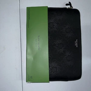 Kate Spade Slim Laptop Sleeve 13” Matte Black/Gold Zipper Metallic Floral Detail - Picture 1 of 2