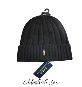 Polo Ralph Lauren Para hombres Negro Mezcla de Lana Puño Acanalado Tejido Gorro Sombrero RL Pony - Imagen 1 de 3