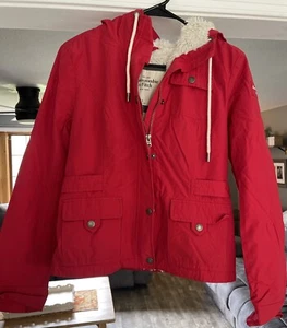 Abercrombie Fitch Women Full Zip Faux Fur Line Red Winter Parka Jacket Medium - Picture 1 of 11