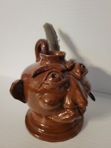 Vintage Redware Studio Ceramika Dzbanek na twarz z postacią rdzennych Amerykanów - podpisany 04