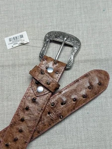 Cinturón hebilla vintage Western 40 marrón estampado avestruz rodeo vaquero forrado en cuero - Imagen 1 de 8