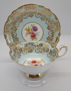 Tazza da tè e piattino porcellana Paragon doppio mandato centri floreali blu e oro A173 - Foto 1 di 12