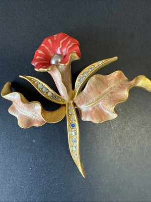 Broche prendedor vintage Joan Rivers estrás esmalte imitación perla rosa cala lirio flor Foto 1 de 4