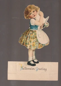 Vintage HALLOWEEN c1920 STANDUP Place Marker WOLF & CO. Girl Apple Ex Carpentier - Picture 1 of 2