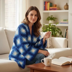Handmade Granny Square Sweater Womens Large Crochet Boho Vintage Inspired - Picture 1 of 7