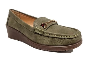 Ladies Mulanka QQ-16 Wedge Shoes Womens Green Slip On Wedge Shoes - Picture 1 of 1