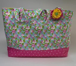 NEW Handmade Tote Purse Bag Handbag Pink & Blue Cottage Chic Quilted + Pin - Imagen 1 de 8