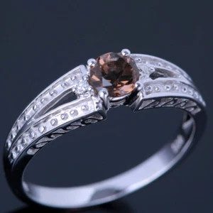 Real 10k White Gold Romantic Diamond Engagement Fine Gemstone Smoky Quartz Ring - Picture 1 of 6