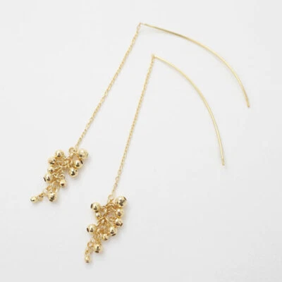 10K Solid Yellow Gold Mirror-Ball Beads Dangle Wavy Threader Earrings from Japan - Image 1 of 4