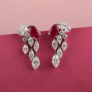 4.95 Tcw Lab Grown CVD Diamond Ruby Gemstone Dangle Earrings Gift 14k White Gold - Picture 1 of 11