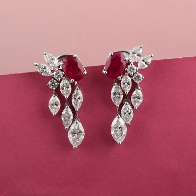4.95 Tcw Lab Grown CVD Diamond Ruby Gemstone Dangle Earrings Gift 14k White Gold - Image 1 of 4