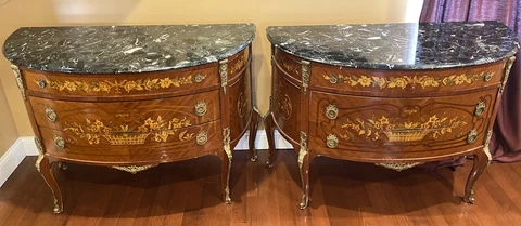 PAIR OF ANTIQUE XV FRENCH FLORAL INLAID BRONZE MOUNT MARBLE TOP COMMODE DRESSER Cover