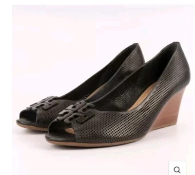 Tory Burch Tory Navy Leather Lowell Wedge Pumps Size 8.5 - Image 1 of 4