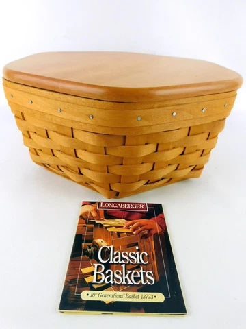 Longaberger Hexagon 1998 10" Generations Basket w Lid Protector Left Hand Weave Cover