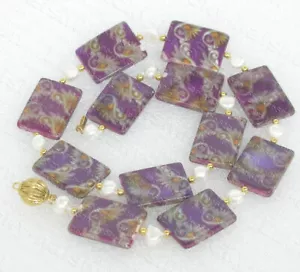 17" 18X25mm Baroque white pearl rectangle purple flower seashell necklace c1146t - Bild 1 von 2