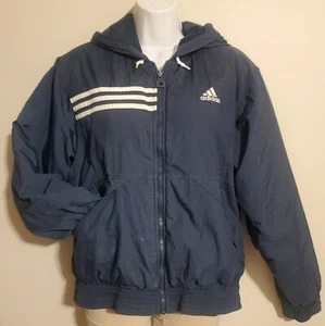 Vintage Adidas schwerer Wintermantel Parka warm wattiert Kapuze Damen klein navy blau - Bild 1 von 10