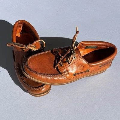 复古 Timberland 美国男式 3 眼凸耳船鞋 Vibram 鞋底皮革 9.5H 状况完好! — 第 1/4 张图片