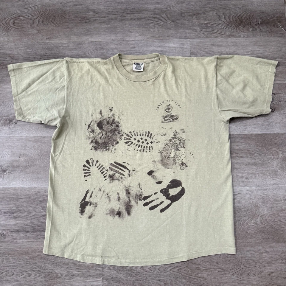Vintage 90s Timberland T Shirt Tan Brown Men XL AOP 1999 Earth Day Single Stitch - Image 1 of 4