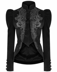 2024Womens Gothic Riding Jacket Coat Black Velvet Lace Steampunk Victorian - Picture 1 of 12