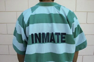 Combinaison détenue prison rayure verte et blanche costume Halloween une pièce - Photo 1/6