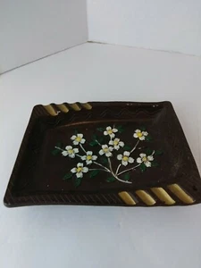 Vintage Ceramic Ashtray Brown Dogwood Flower Motif Made in Japan 6" x 7.5" c1 - Picture 1 of 5
