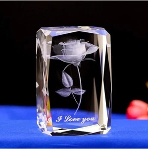 E-isata 3D Laser Crystal Rose Flower Engrave I Love You Keepsake Paperweight - Picture 1 of 5