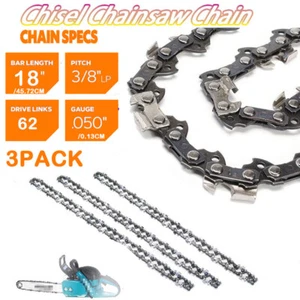 US 3 Pack 18 Inch Chainsaw Chain Blade 62DL 3/8"LP 0.050" Gauge Semi Chisel Kits - Picture 1 of 20