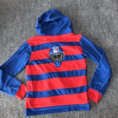 Y2K NHL New York Rangers 男孩 M 10 12 衬衫 Polo 连帽衫条纹标志长袖 — 第 1/4 张图片