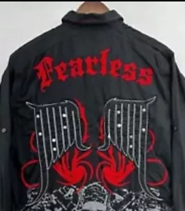 Y2K Attitude Gold “Fearless” Button Up Shirt Men’s L Biker Moto Edgy Retro - Picture 1 of 7